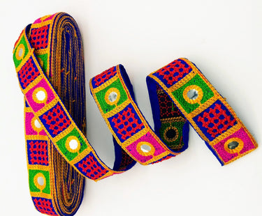 Indian Royal Blue Cotton Fabric Mirror Trim Embroidered in Red, Yellow, Green and Pink